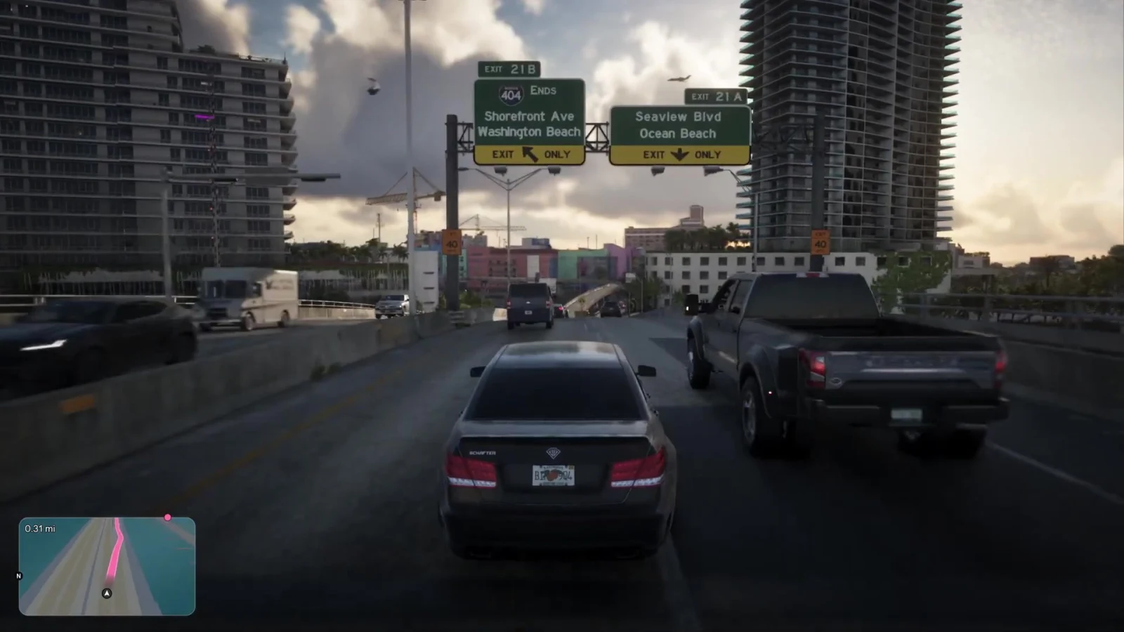 Overhead sign in the GTA 6 Extended Look naming Shorefront Ave, Washington Blvd, Seaview Blvd and Ocean Beach